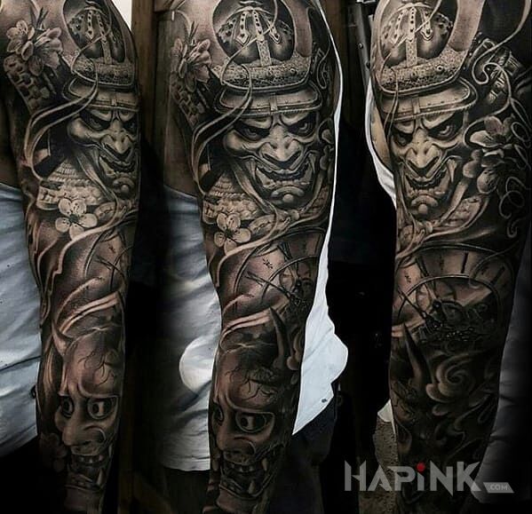 Tattoo Samurajski  rękaw in demons motif and realistic style on the upper arm