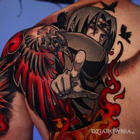 Tatuaż Itachi cover-up tattoo na plecach motyw: postacie styl: newschool