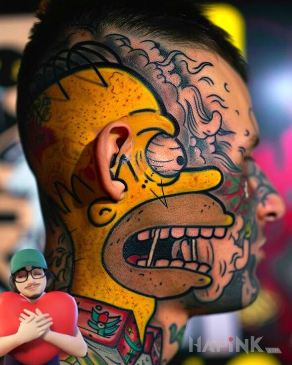 Tattoo Simpson in faces motif and cartoon / comic book style on the face
