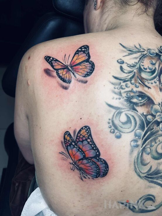 Tattoo Two Colorful Butterflies in colorful motif and realistic style on the shoulder blades