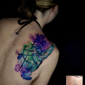 Tattoo Colorful hummingbird covering an old tattoo on the shoulder blades motif: animals style: Watercolor