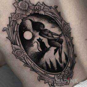 Tattoo Witch's Flight on the back motif: dark style: graphic / illustrative
