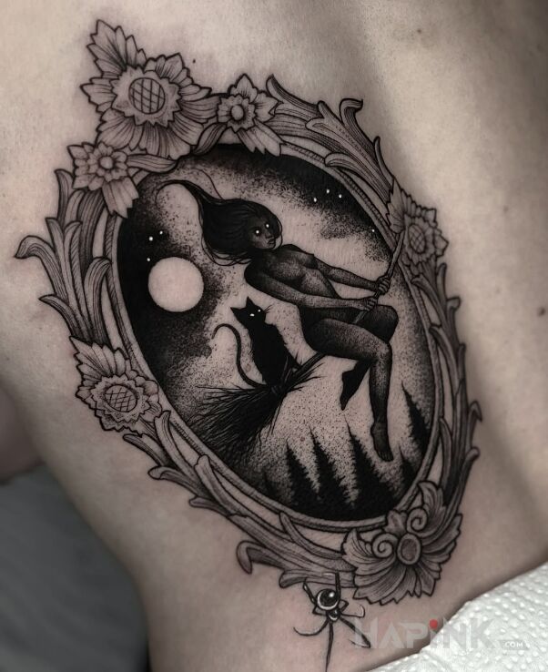 Tattoo Witch's Flight in black and gray motif and graphic / illustrative style on the back