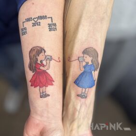 Tattoo Two girls as a symbol of shared friendship on the forearm motif: characters style: cartoon / comic book