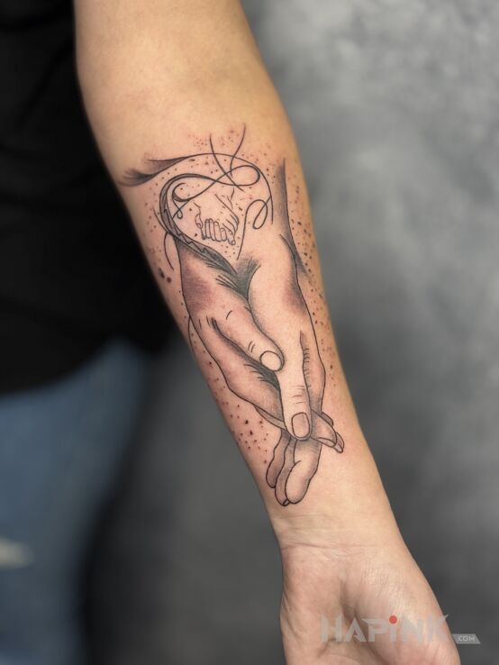 Tattoo Family theme in Love motif and graphic / illustrative style on the forearm
