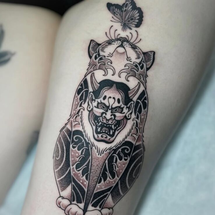 Tattoo Cat with Hannya Mask and Butterfly in butterflies motif and graphic / illustrative style on the thigh