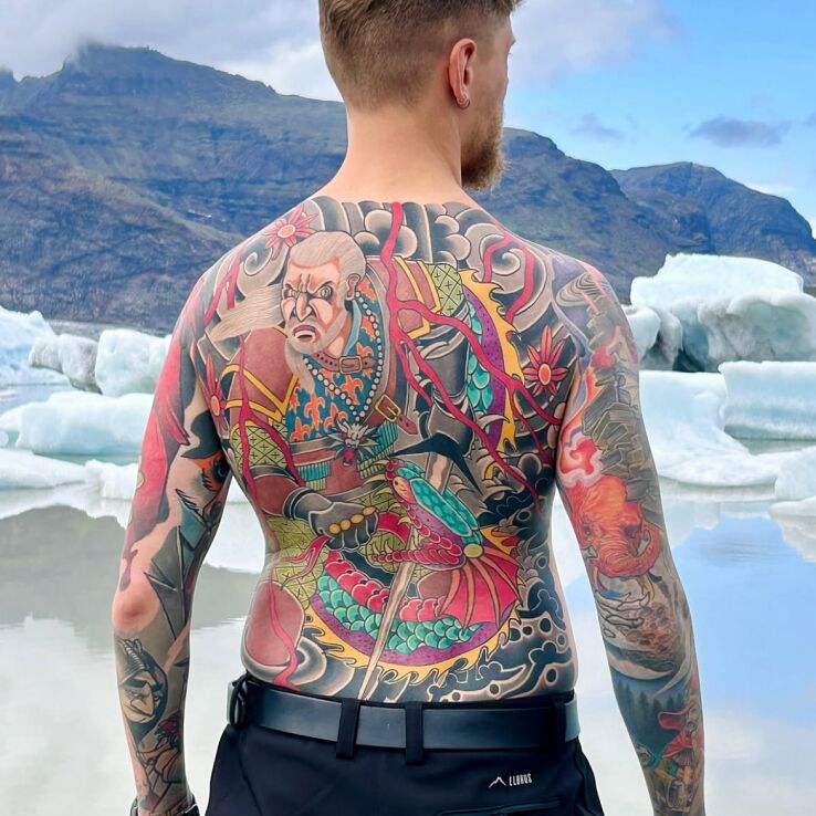 Tattoo The Witcher as a Samurai in colorful motif and japanese / irezumi style on the shoulder blades