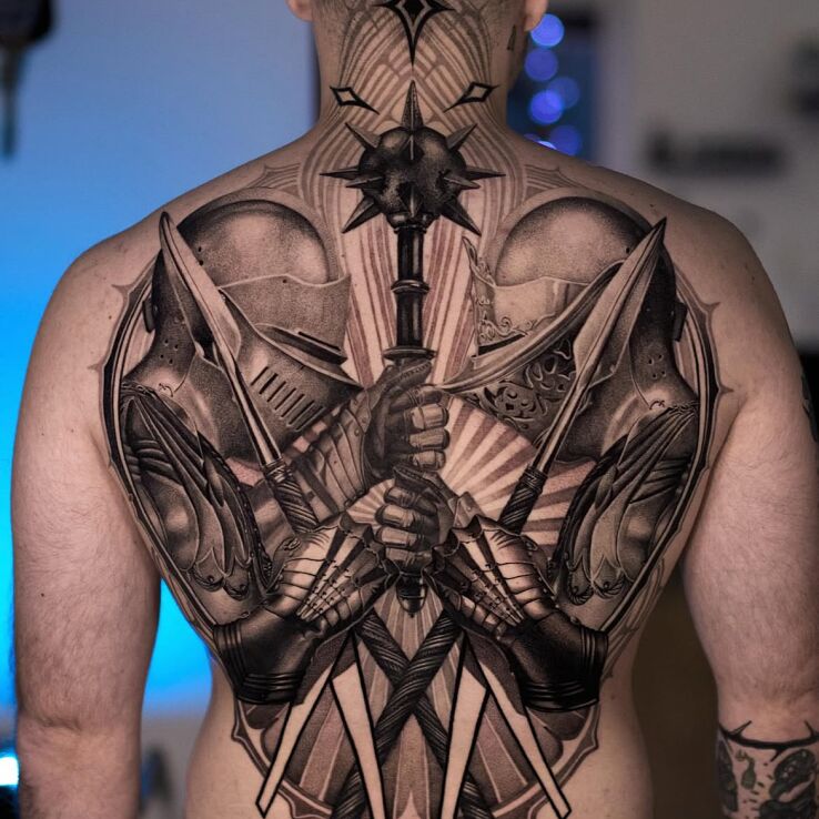 Tattoo Knights in Armor in black and gray motif and realistic style on the back