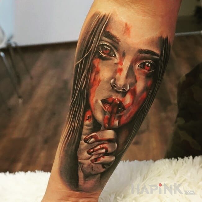 Tattoo Pierwszy.... in demons motif and realistic style on the forearm