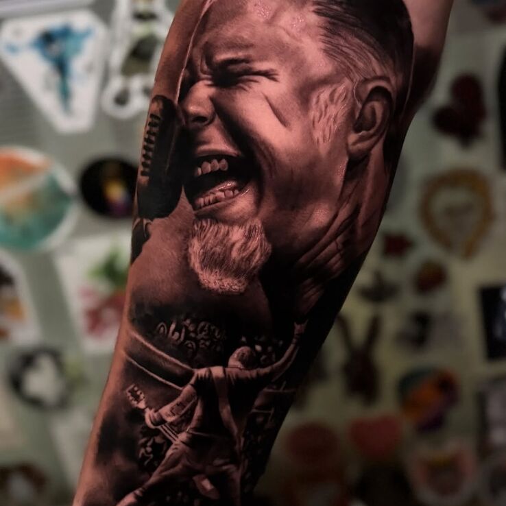 Tattoo Portrait of James Hetfield in 3D motif and realistic style on the forearm