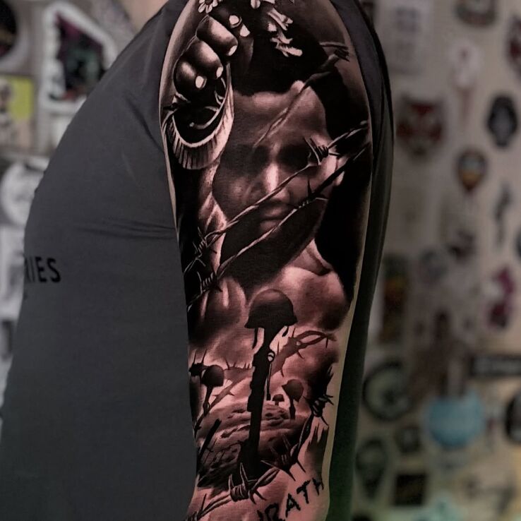 Tattoo Peace in the Shadow of War in dark motif and realistic style On the arm