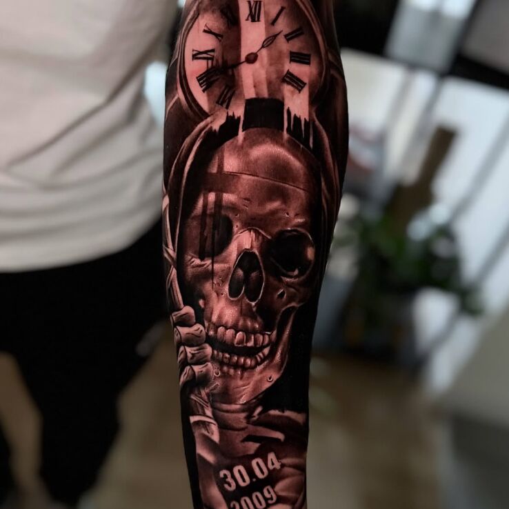 Tattoo Skull with Clock in black and gray motif and realistic style On the arm