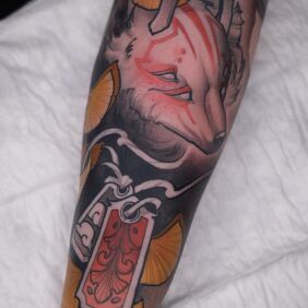 Tattoo Kitsune and Amulet on the forearm motif: animals style: neo-traditional