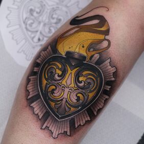Tattoo Sacred Heart on the leg motif: colorful style: graphic / illustrative