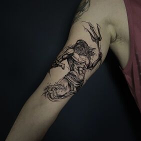 Tattoo Poseidon black and gray shaded On the arm motif: fantasy style: graphic / illustrative