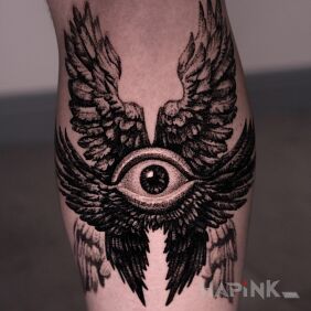 Tattoo Seraph on the leg motif: black and gray style: realistic