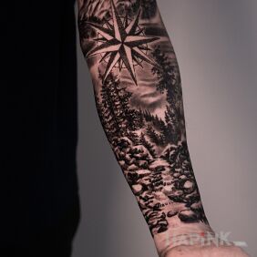Tattoo Landscape with a compass done in one session :) on the forearm motif: black and gray style: realistic