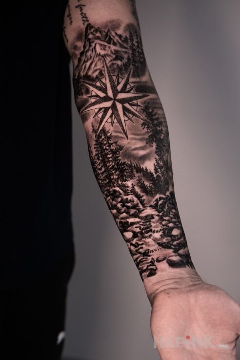 Tattoo Landscape with a compass done in one session :) in 3D motif and realistic style on the upper arm