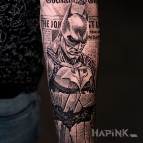 Tattoo Sleeve in progress, starting with Batman:) on the forearm motif: black and gray style: realistic