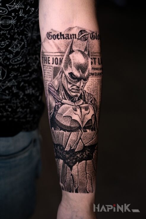 Tattoo Sleeve in progress, starting with Batman:) in dark motif and dotwork style on the shoulder blades