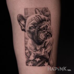 Tattoo Tattoo depicting a friend:) on the forearm motif: black and gray style: dotwork