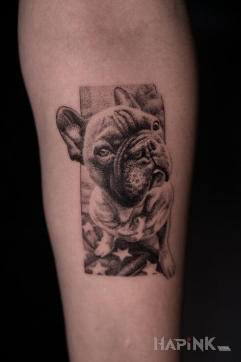 Tattoo Tattoo depicting a friend:) in 3D motif and dotwork style On the arm