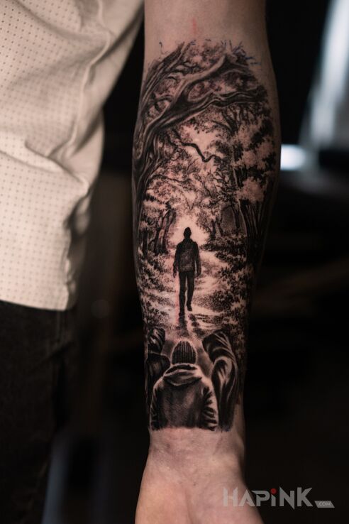 Tattoo Life Path Theme in nature motif and realistic style On the arm