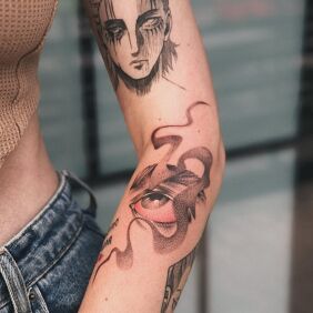 Tattoo Abstraction with an Eye on the forearm style: dotwork