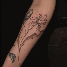 Tattoo Iris On the arm motif: black and gray style: graphic / illustrative