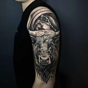 Tattoo Bull with a constellation above its head on the upper arm motif: cosmos style: realistic