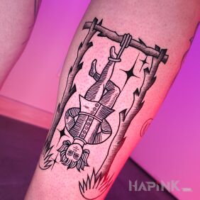 Tattoo Medieval Tortures - The Hanged Man on the leg motif: characters style: engravings / gravure