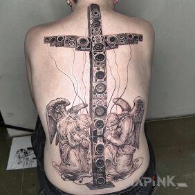 Tattoo Sacred Music on the back motif: angels style: graphic / illustrative