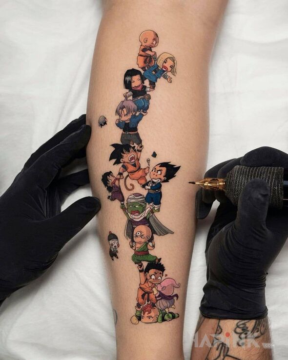 Tattoo Everyone from Dragon Ball in characters motif and cartoon / comic book style on the leg
