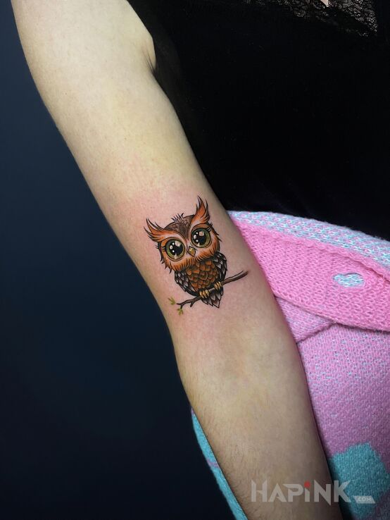 Tattoo Colorful Owl in colorful motif and graphic / illustrative style On the arm