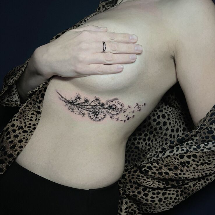 Tattoo Dandelions with skulls in skulls motif and graphic / illustrative style on the ribs