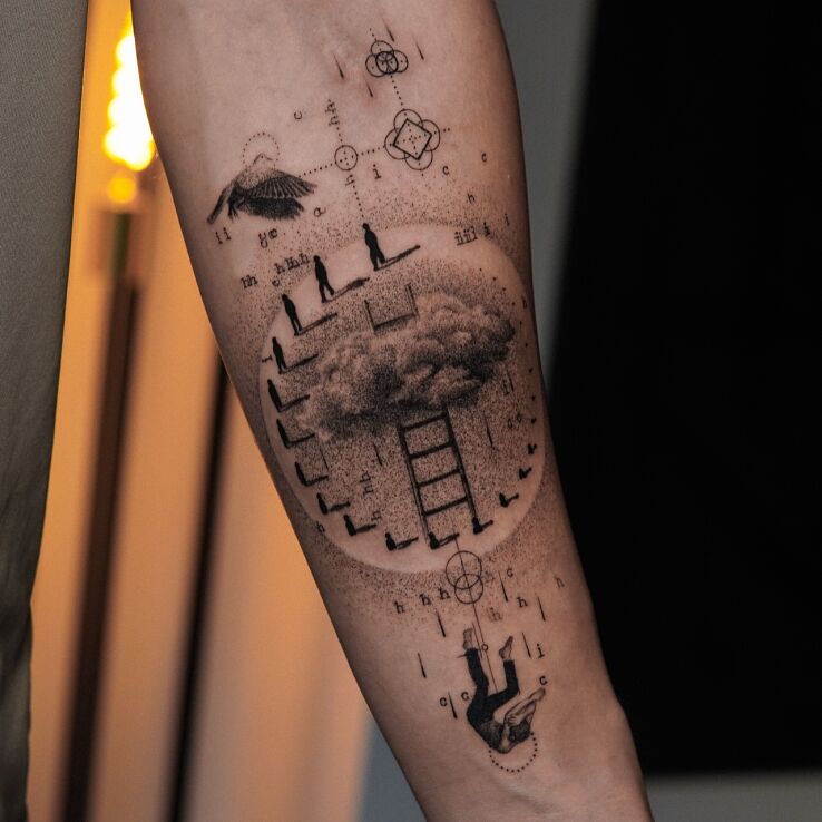 Tattoo Falling in the Clouds - Surreal Pattern with Ladder and Figures in characters motif and surrealistic style on the forearm