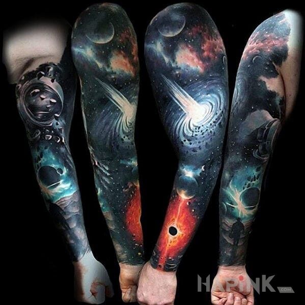 Tattoo Kosmiczna lapa in sleeves motif and realistic style on the upper arm