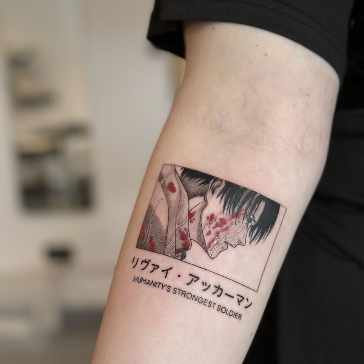 Tattoo Anime Levi Ackerman (Attack on Titan) - Manga Scene in manga / anime motif and cartoon / comic book style On the arm