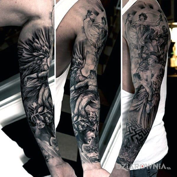 Tatuaż rękaw z aniołami w motywie rękawy na ramieniu