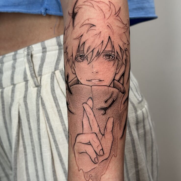 Tattoo Satoru Gojo - Illustrative Portrait in characters motif and contour / linework style On the arm
