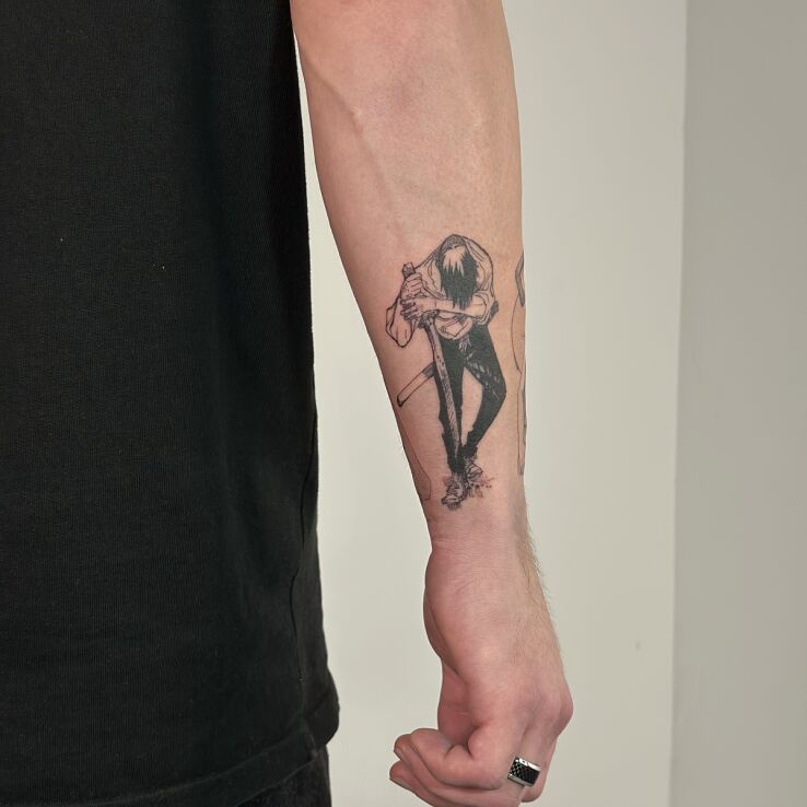Tattoo Character Leaning on a Weapon in characters motif and blackwork / blackout style On the arm