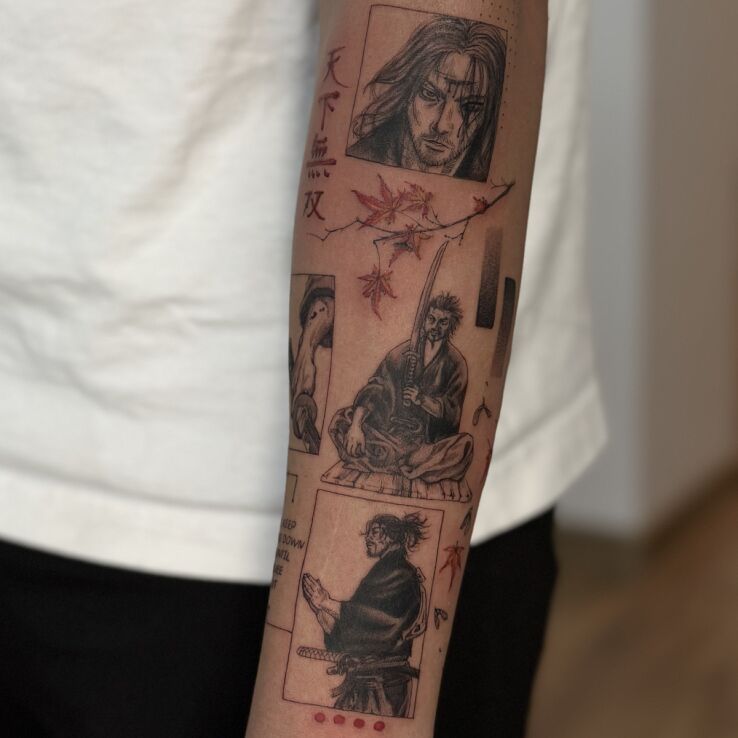 Tatuaż Vagabond Musashi Miyamoto w motywie twarze i stylu graficzne / ilustracyjne na przedramieniu