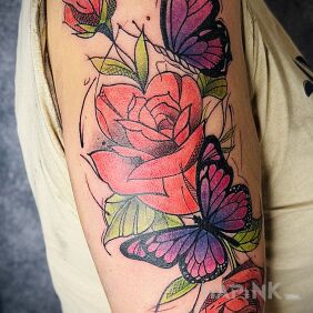 Tattoo Red roses with butterflies On the arm motif: flowers style: graphic / illustrative
