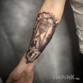 Tattoo Family theme related to time On the arm motif: objects style: graphic / illustrative