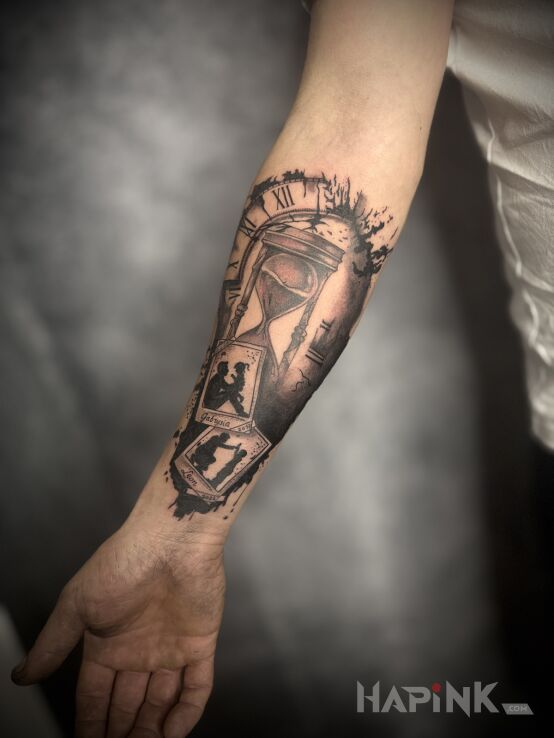 Tattoo Family theme related to time in characters motif and graphic / illustrative style on the forearm