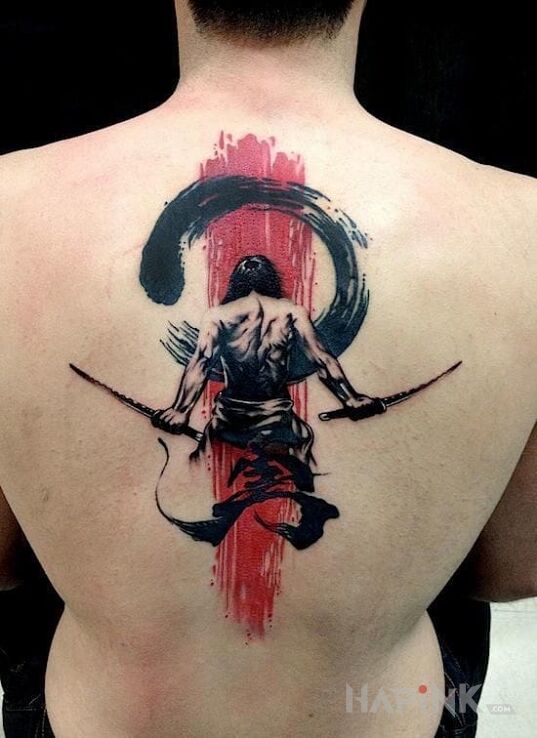 Tattoo Wojownik in characters motif and japanese / irezumi style on the back