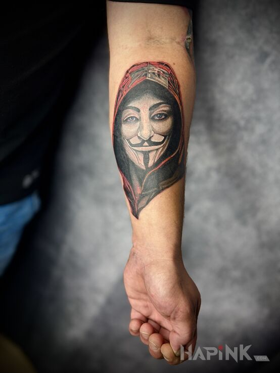Tattoo Vandetta in colorful motif and realistic style On the arm