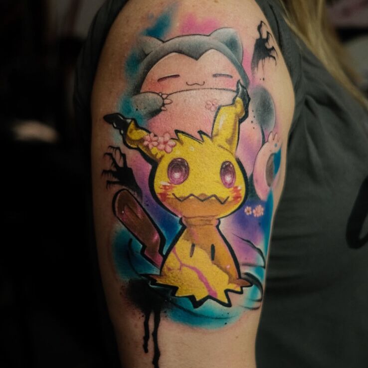 Tattoo Pokémon (Mimikyu & Snorlax) in characters motif and cartoon / comic book style on the upper arm