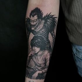 Tatuaż Tatuaż Death Note (Ryuk & L) na ręce motyw: mroczne styl: graficzne / ilustracyjne