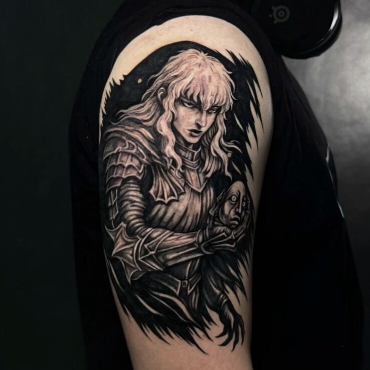 Tattoo Griffith in armor on a black background in fantasy motif and graphic / illustrative style On the arm